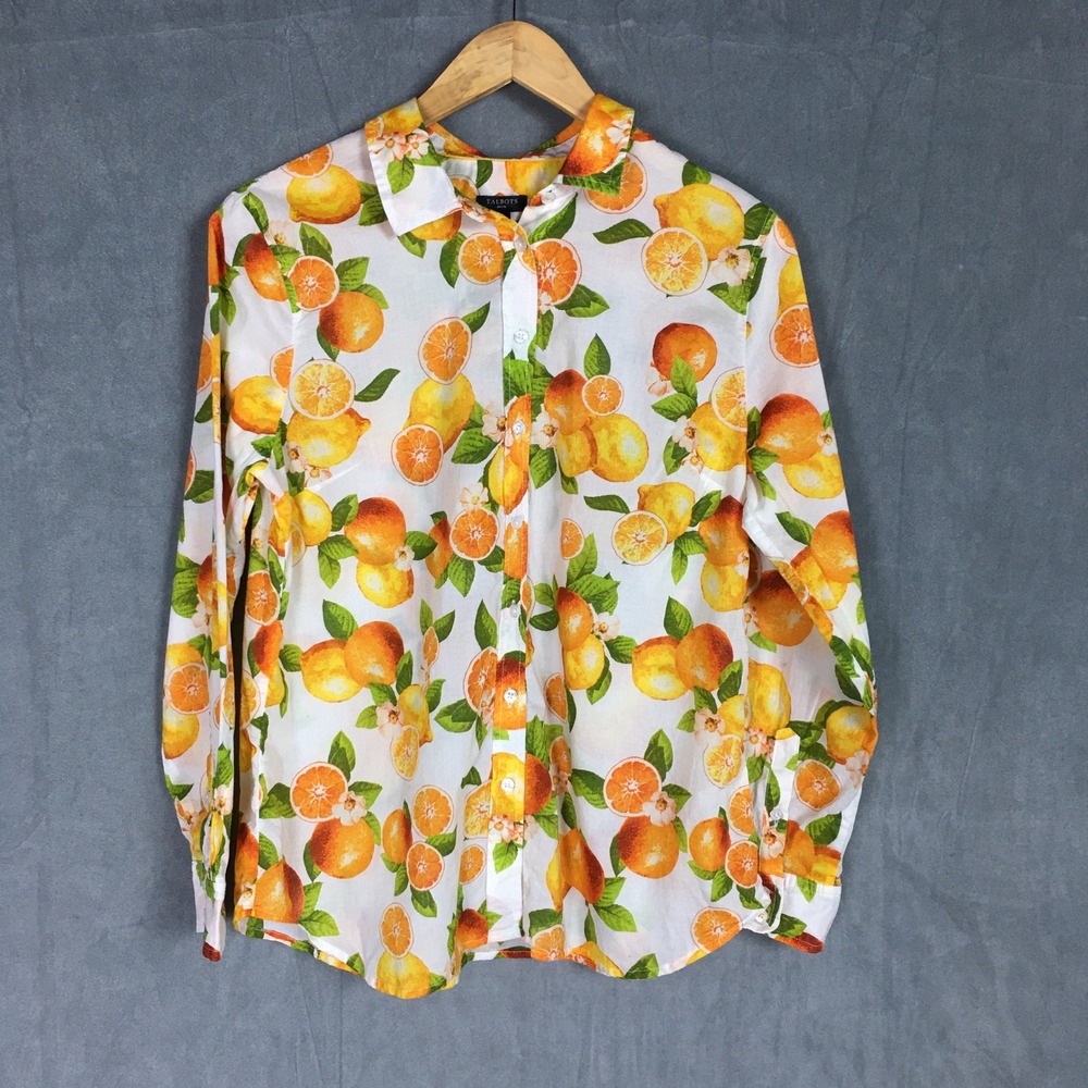 Talbots L Petite Womens Orange Lemon Print Shirt Button Down Summer Colorful